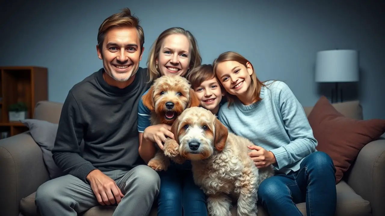 Een gelukkige familie adopteert een Labradoodle uit een asiel. Een gelukkige familie adopteert een Labradoodle uit een asiel.