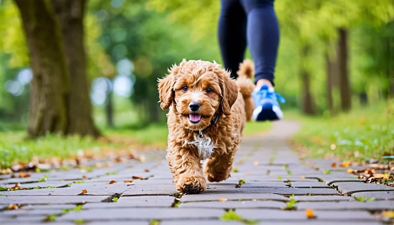 Een jonge labradoodle puppy volgt een aangepast wandel- en jogschema in het park.