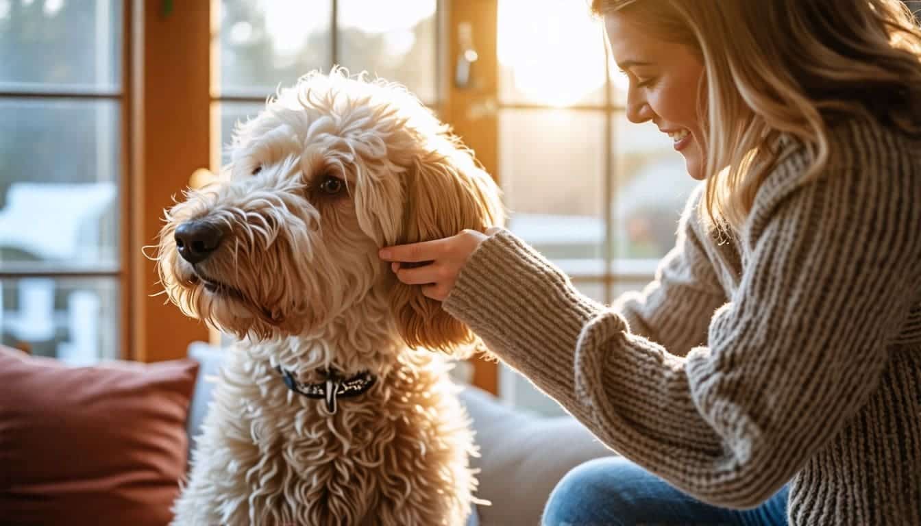 Een vrouw borstelt de vacht van een Labradoodle in een gezellige woonkamer.