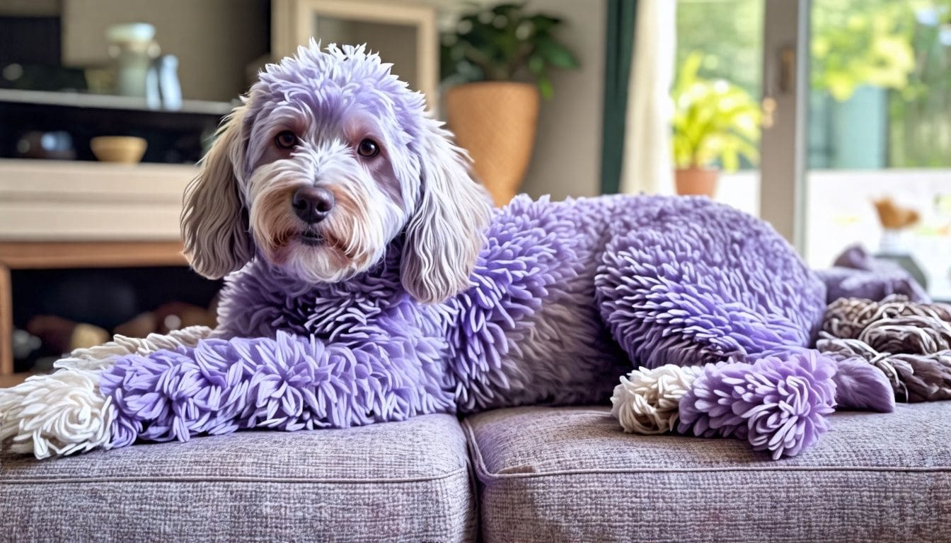 Een zeldzame lavendelkleurige Australische Labradoodle met unieke parti-patronen in een gezellige woonkamer.