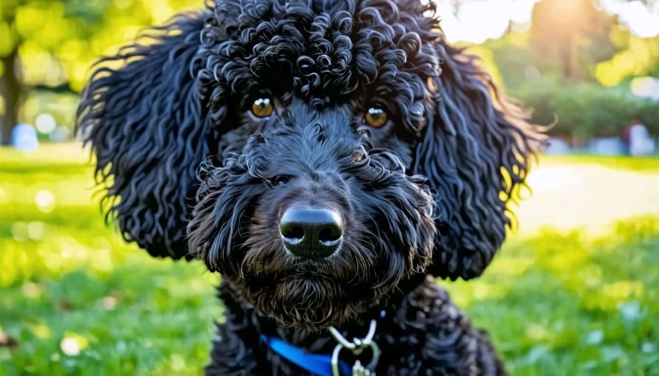 Een glanzende zwarte Australian Labradoodle staat in een groen park.