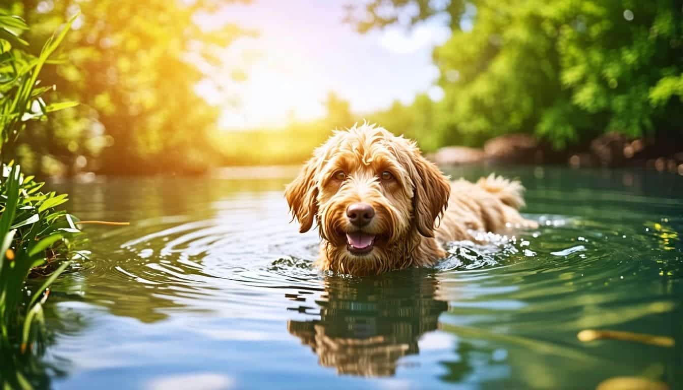 Een vrolijke Labradoodle zwemt in een natuurlijke vijver omringd door weelderig groen.