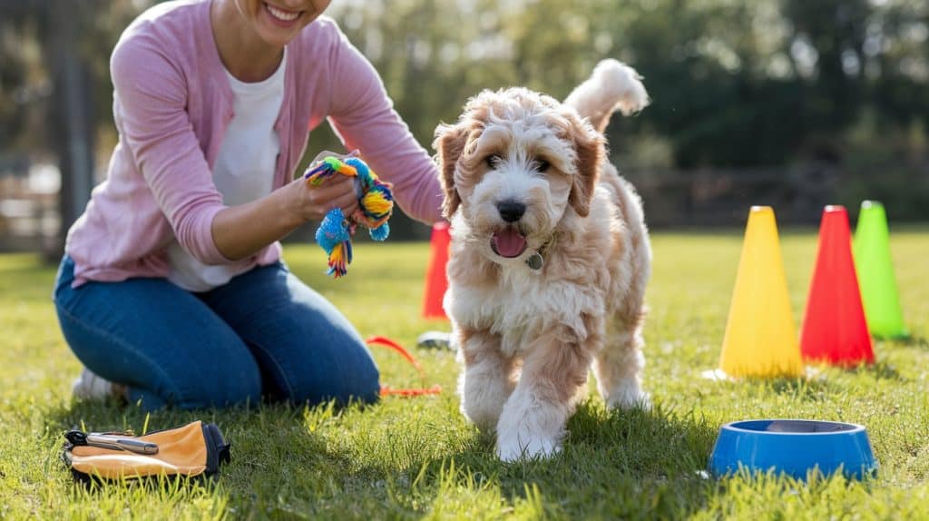 a woman playing with a dog