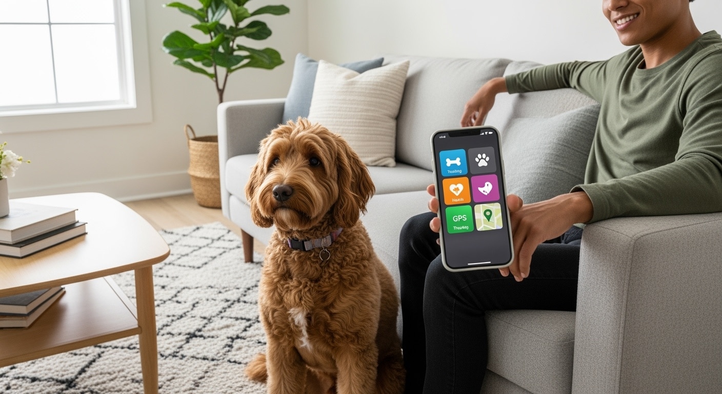 Labradoodle eigenaar met smartphone apps
