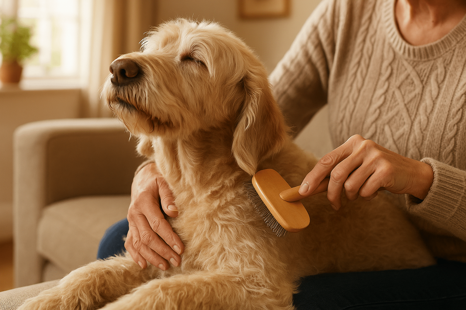 Senior Labradoodle wordt geborsteld