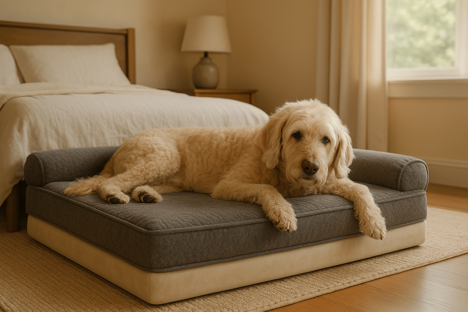 Senior Labradoodle op orthopedisch bed