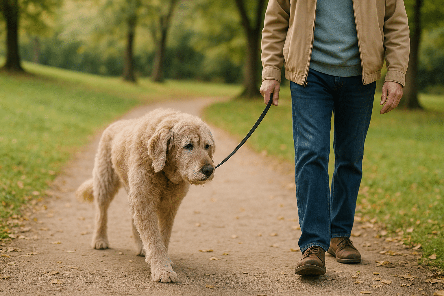 Senior Labradoodle wandelt rustig