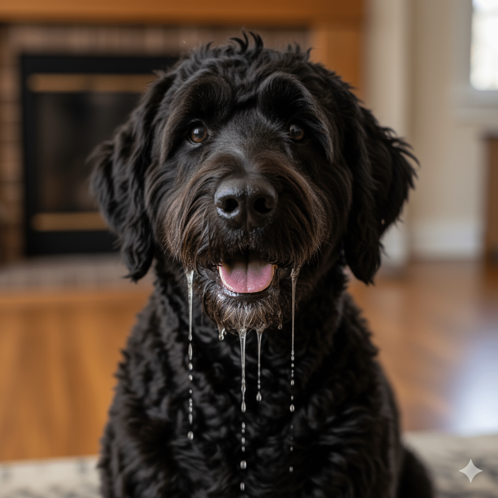 Zwarte labradoodle met kwijl op vloer.