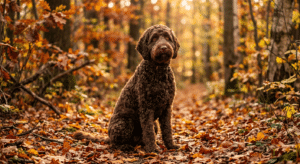 Chocoladebruine labradoodle in herfstbos