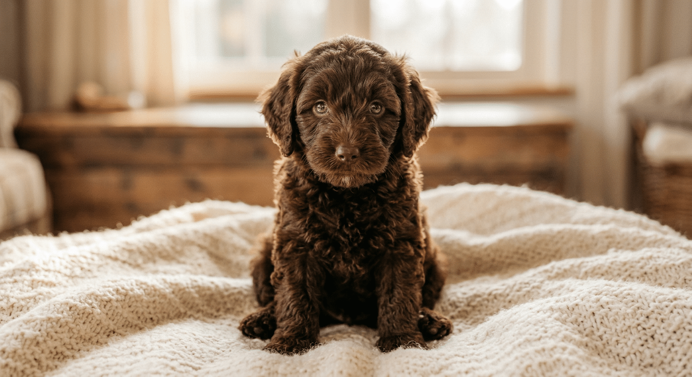 Chocoladebruine labradoodle puppy met amberkleurige ogen