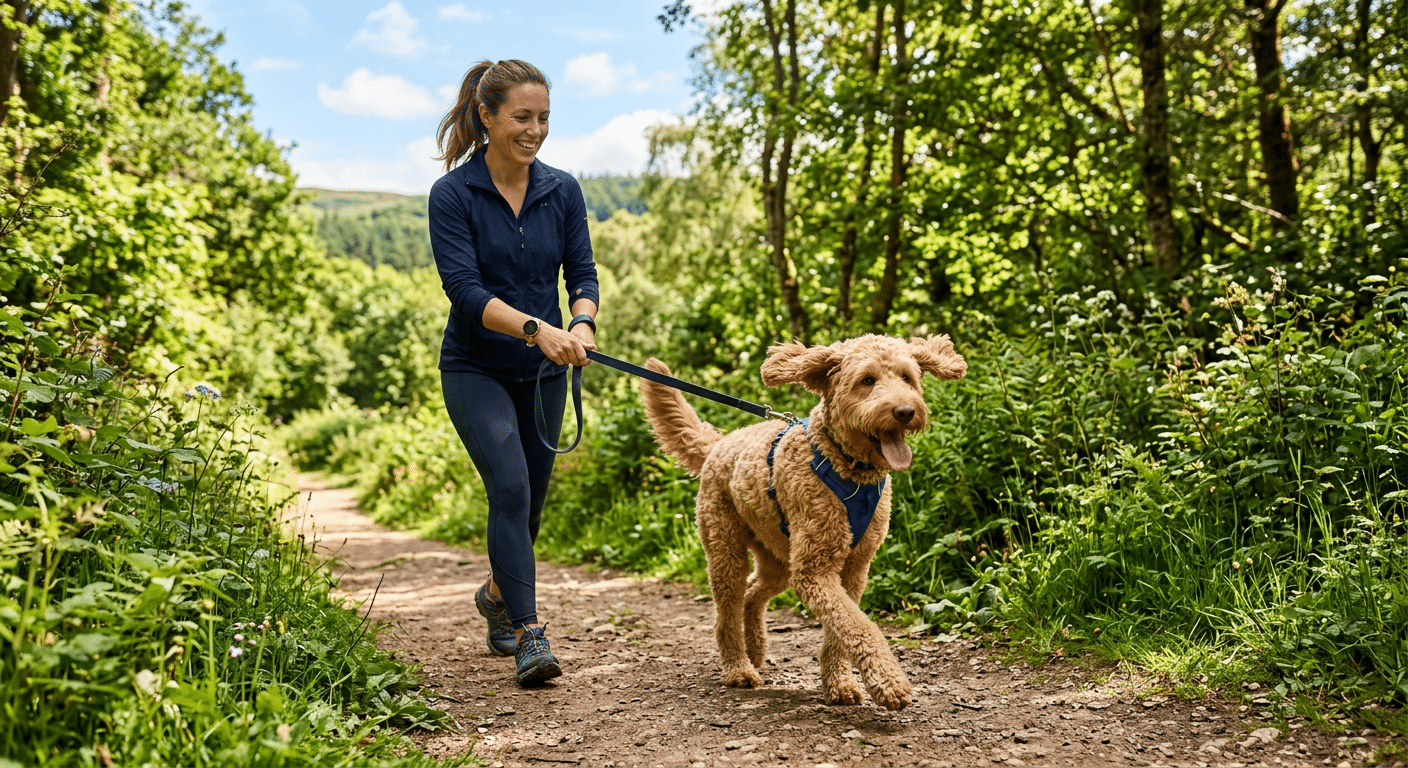 Actieve labradoodle wandelt na herstel