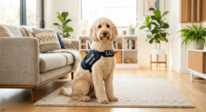 Australian Cobberdog met therapiehond vest