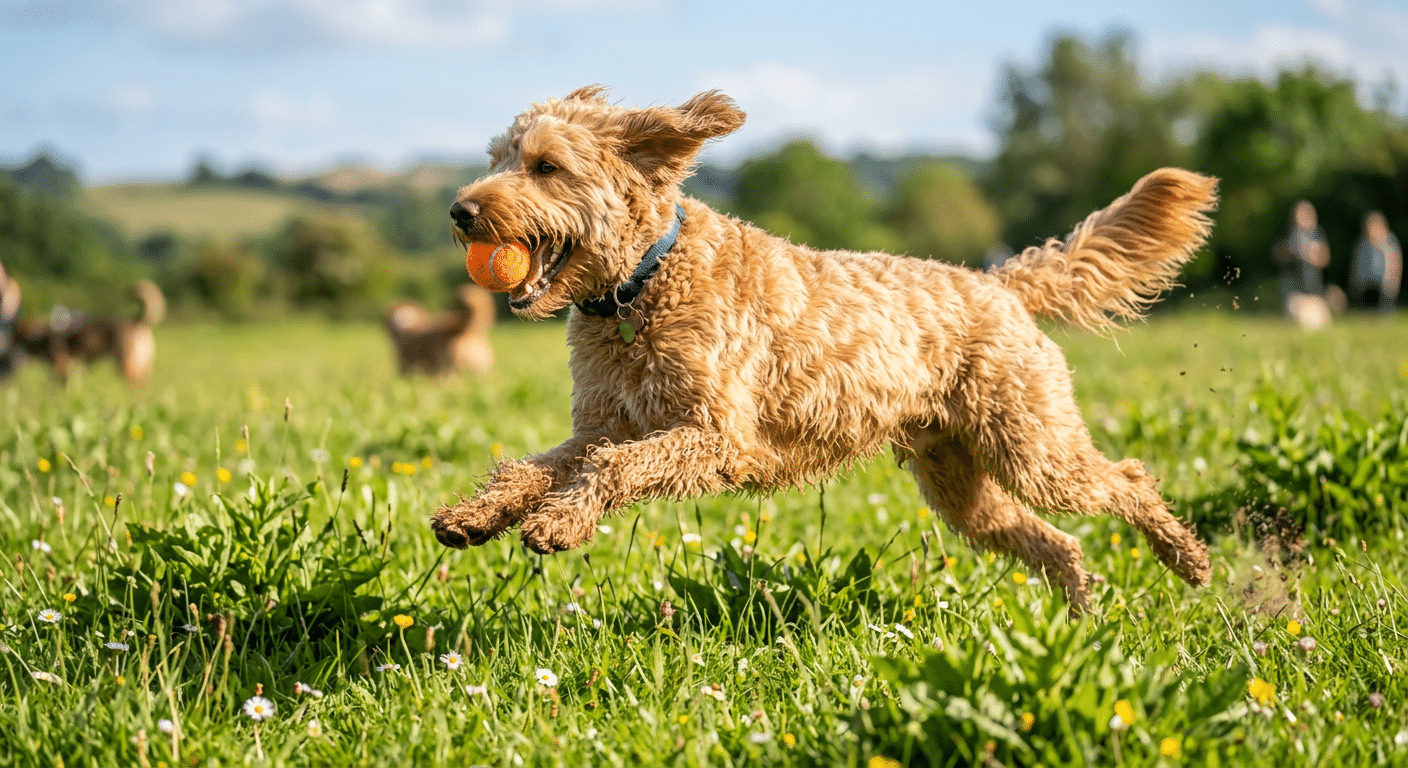 Speelse F1 labradoodle rent in een weide