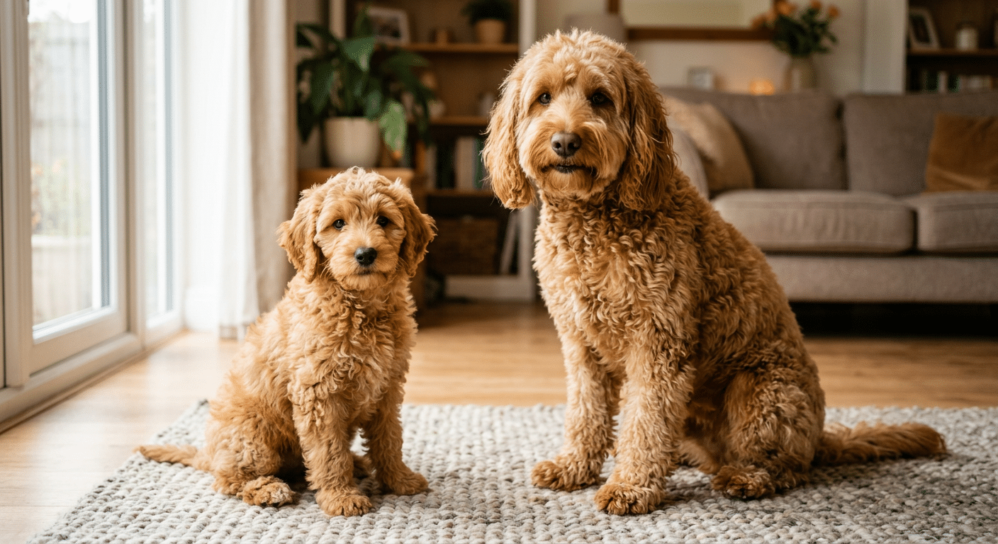F1B labradoodle puppy met moederhond