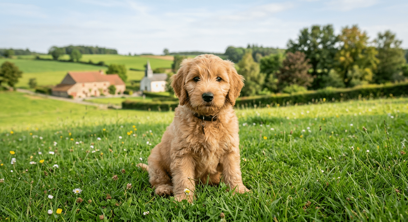 Labradoodle puppy in Belgisch landschap