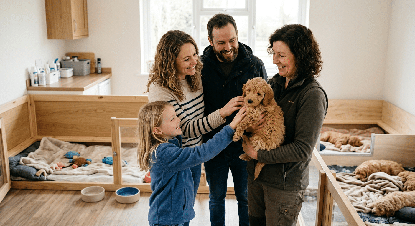 Familie bezoekt labradoodle fokker
