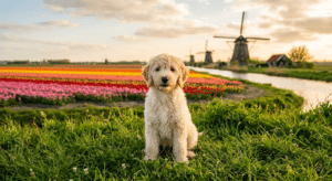 Labradoodle puppy in Nederlands landschap