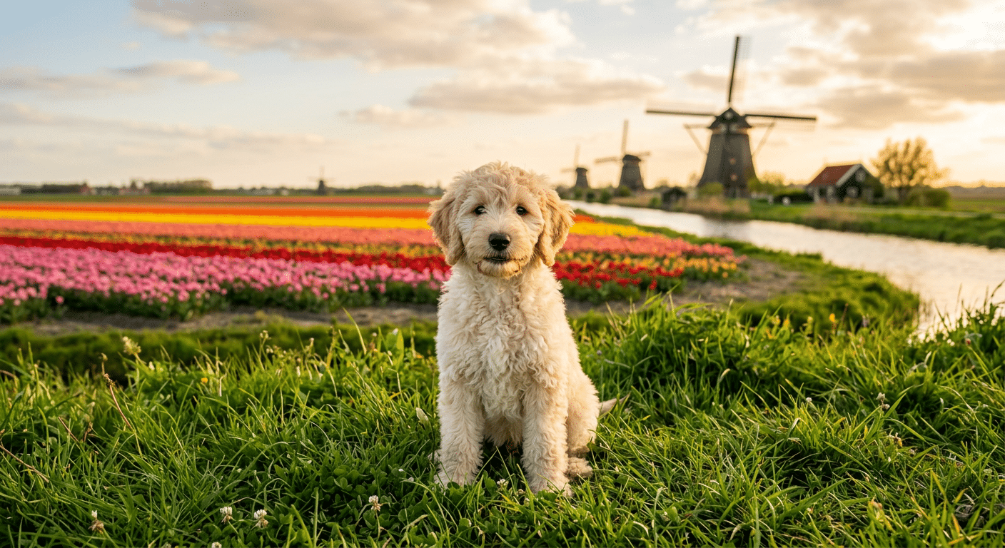 Labradoodle puppy in Nederlands landschap