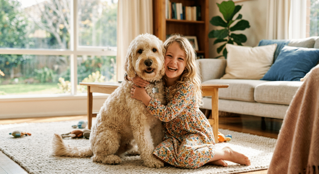 Meisje knuffelt met labradoodle