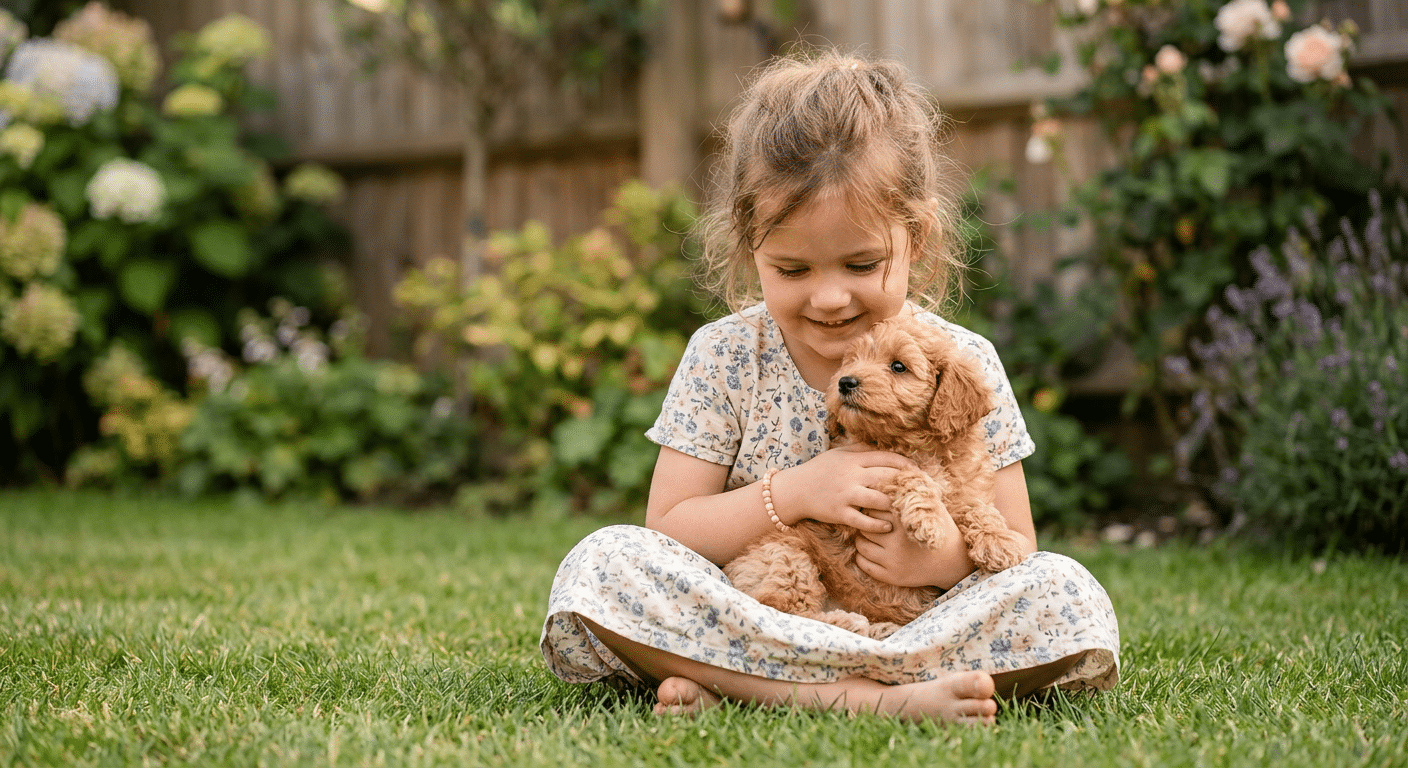 Kind met labradoodle puppy