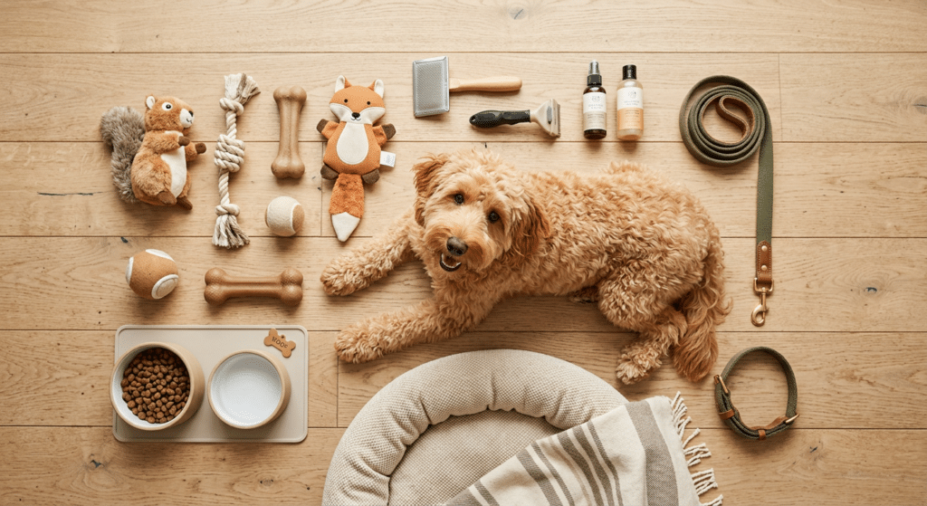 Labradoodle met hondenaccessoires en benodigdheden