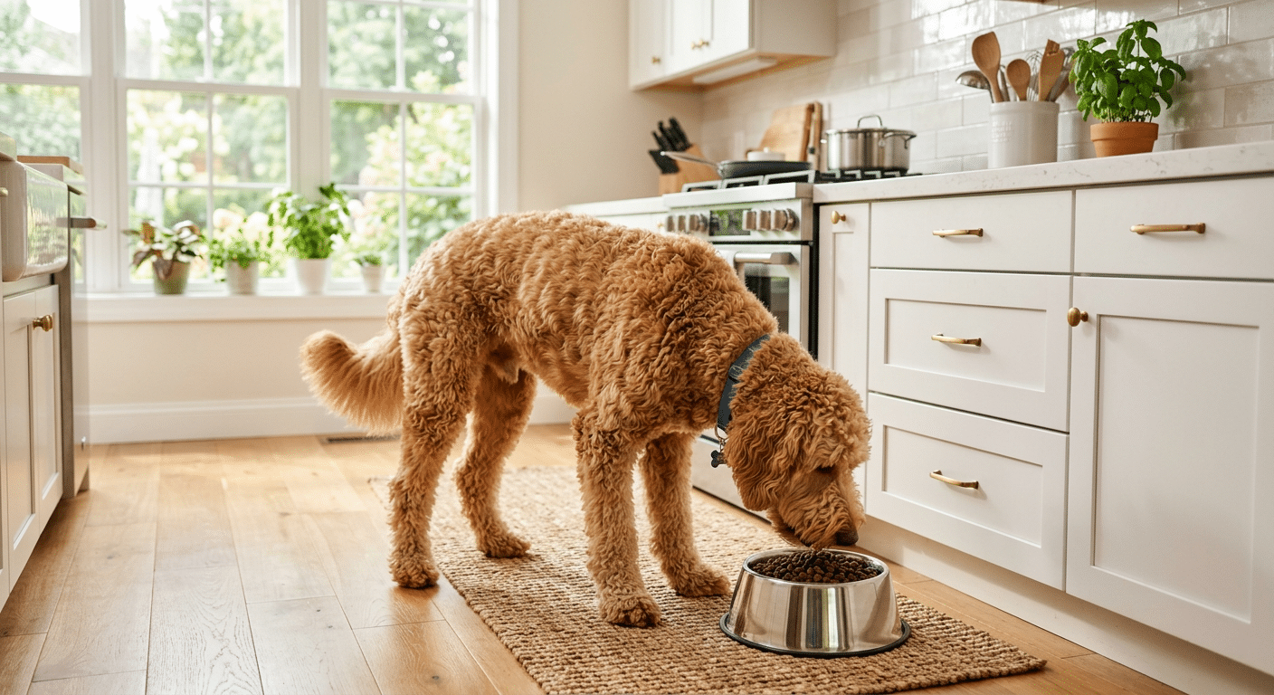 Labradoodle eet uit voerbak