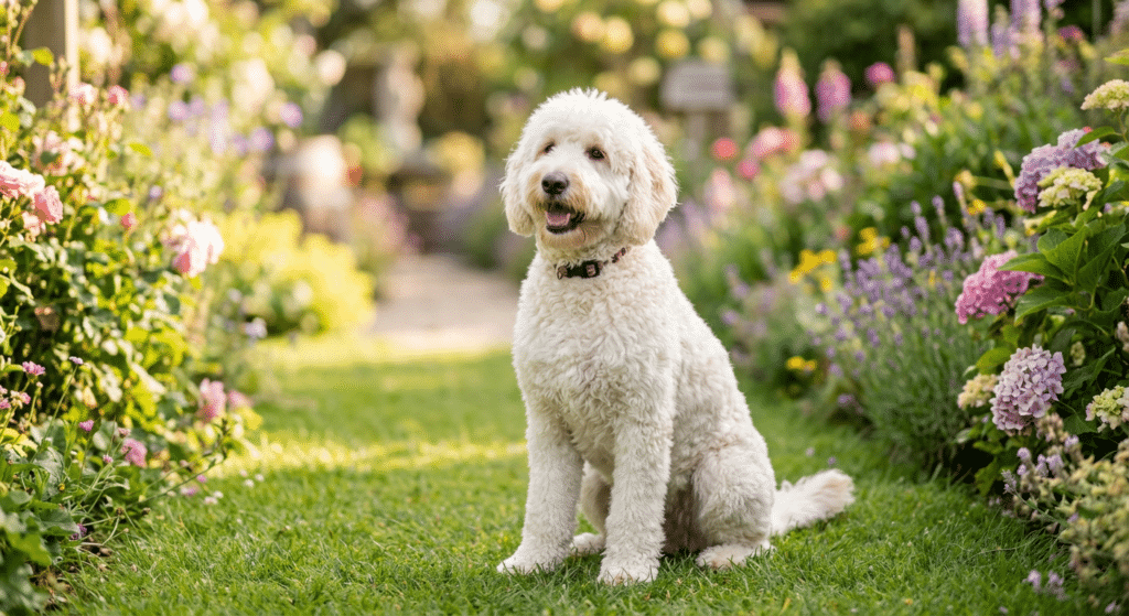 Witte labradoodle in een bloementuin