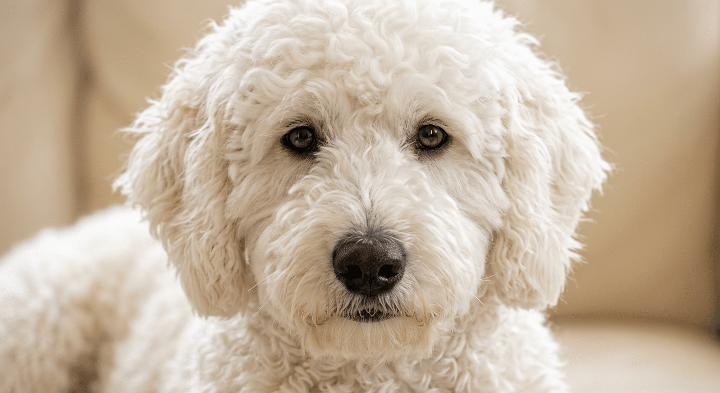 Close-up van de witte vacht van een labradoodle