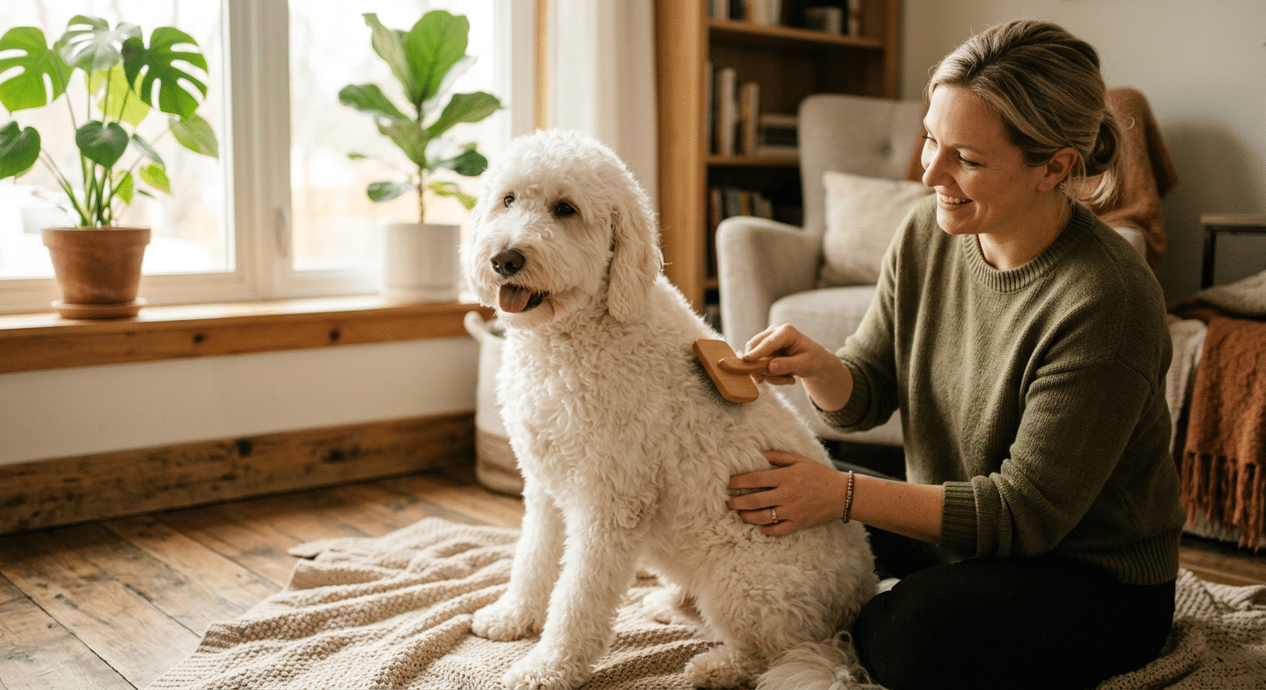 Witte labradoodle wordt geborsteld