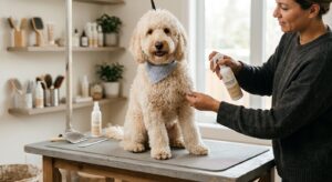 Anti-klit spray wordt aangebracht op labradoodle vacht
