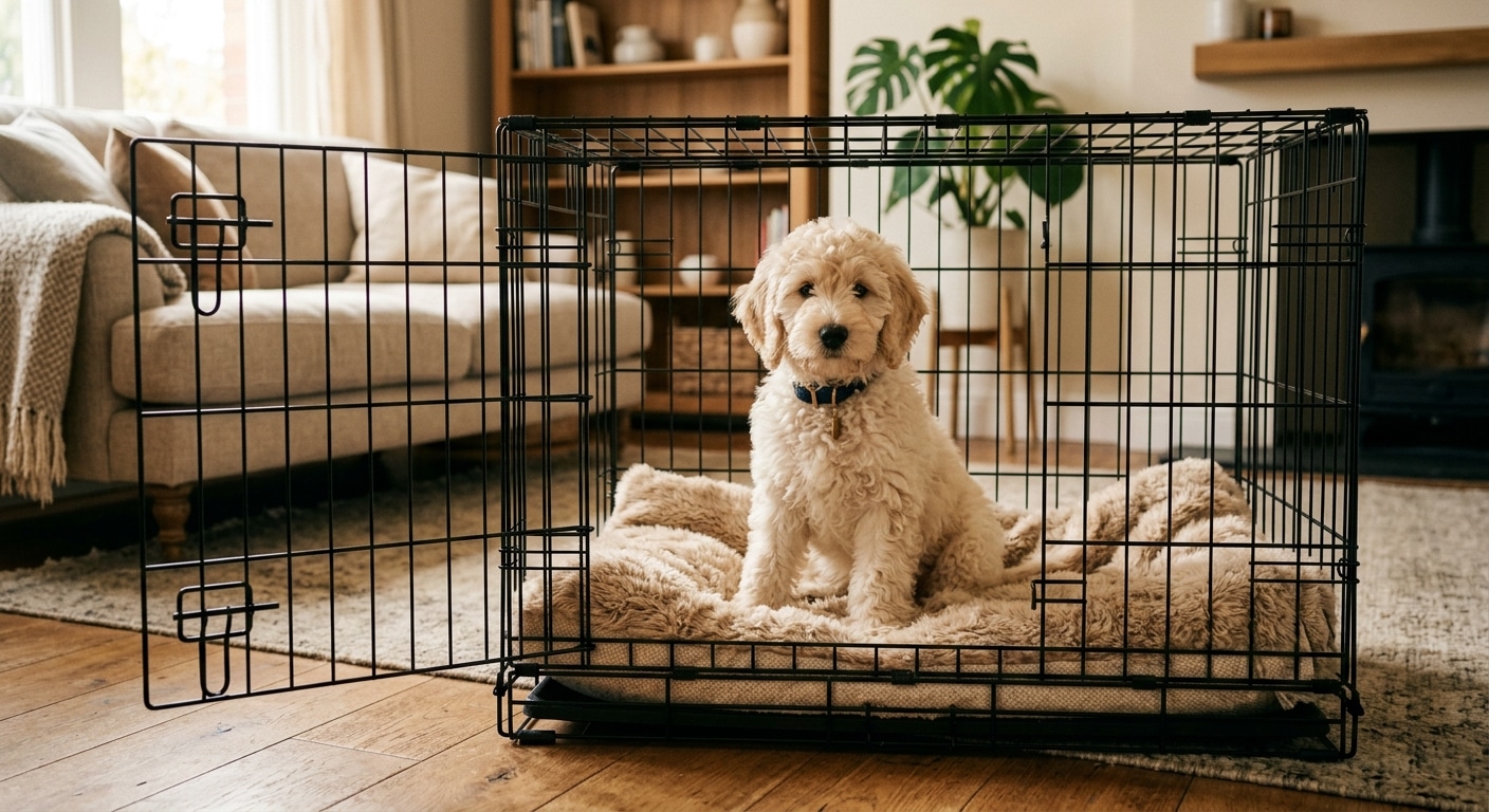 Labradoodle puppy zit comfortabel in hondenbench