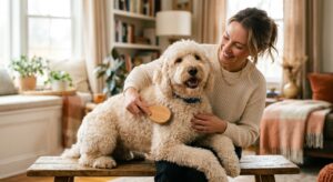 Labradoodle wordt geborsteld met slicker borstel