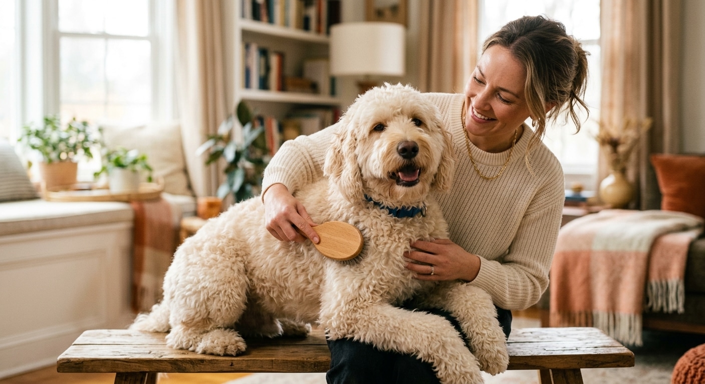 Labradoodle wordt geborsteld met slicker borstel