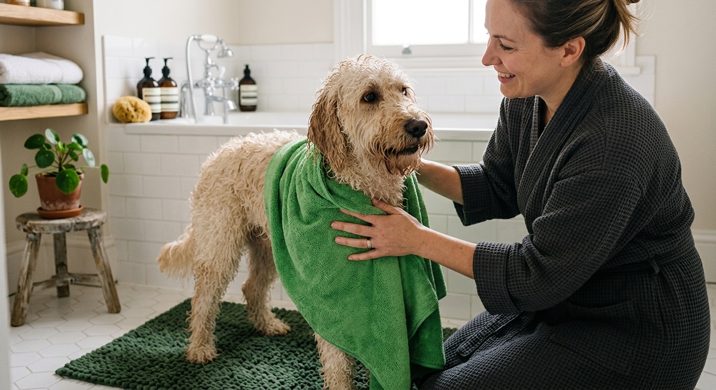 Labradoodle wordt afgedroogd met microvezel handdoek