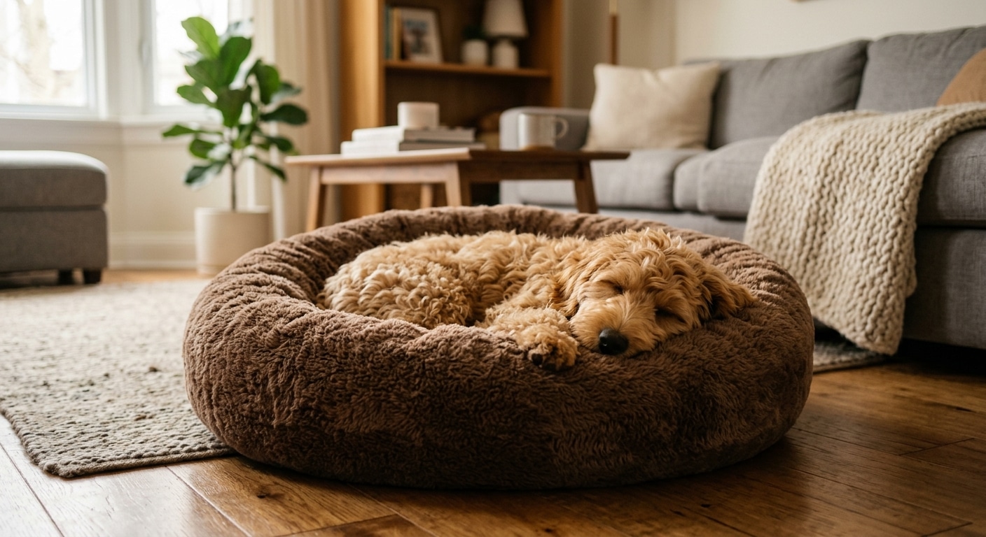 Labradoodle slaapt in donut hondenmand