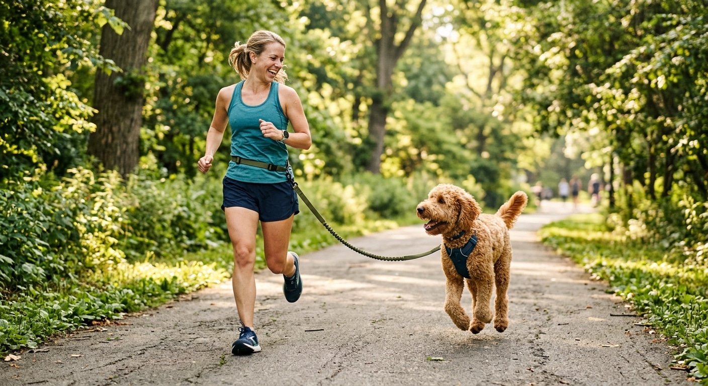 Vrouw jogt met labradoodle aan handsfree riem