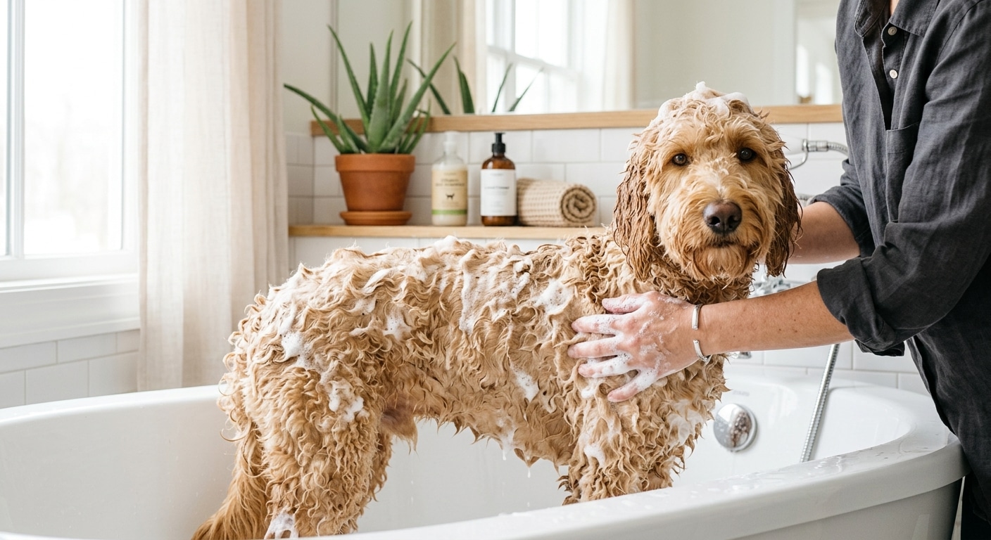 Labradoodle wordt gewassen met aloe vera shampoo