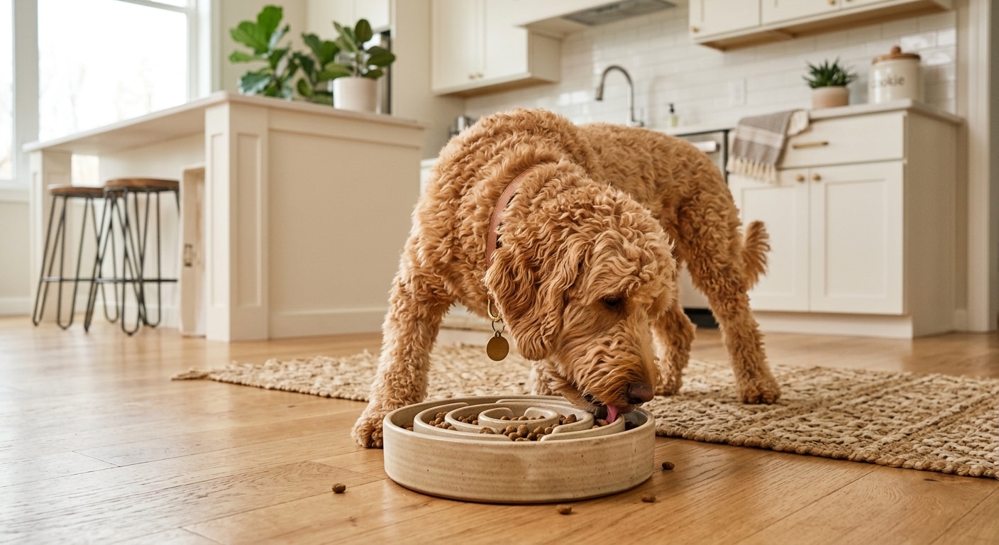 Labradoodle eet uit slow feeder voerbak