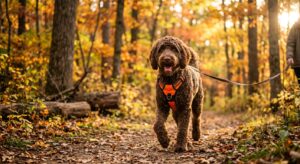 Labradoodle wandelt met reflecterend hondentuig