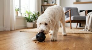 Labradoodle speelt met slow feeder voerbal
