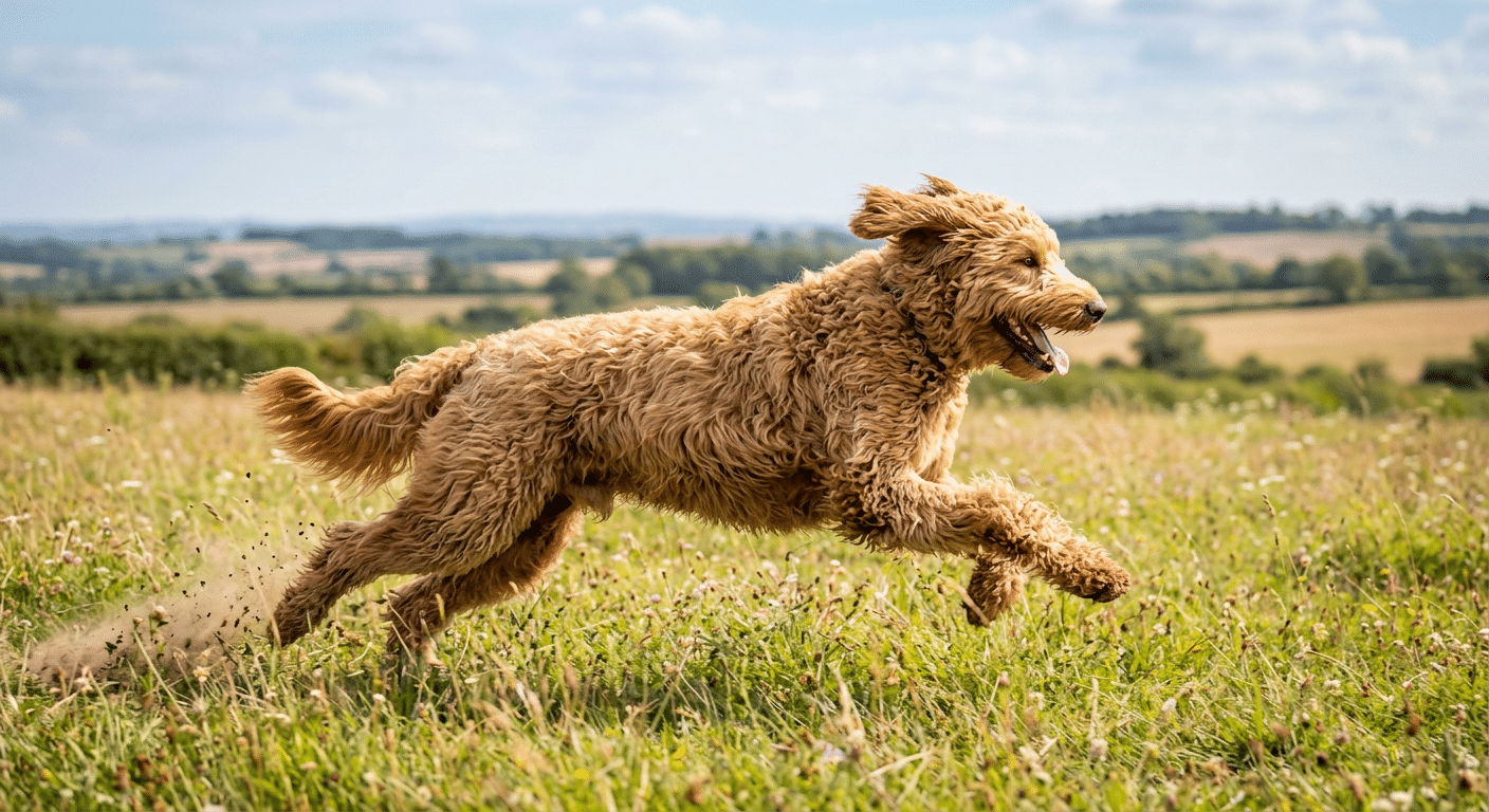 Standaard labradoodle rent over een veld