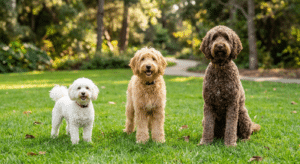 Drie labradoodle maten naast elkaar: mini, medium en standaard