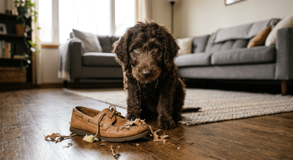 Labradoodle met kapotte schoen - veelvoorkomend gedragsprobleem